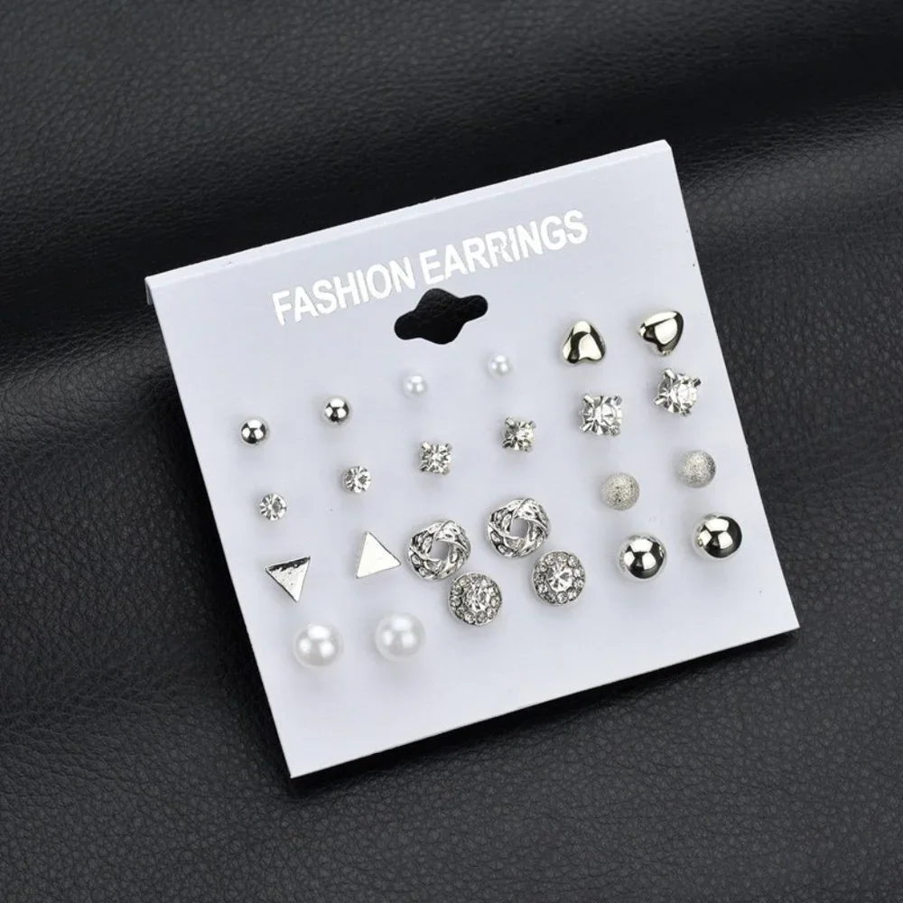 🌸12 Pair 925 Silver Geometric Crystal Stud Earring Set Mix for Women, F274_3